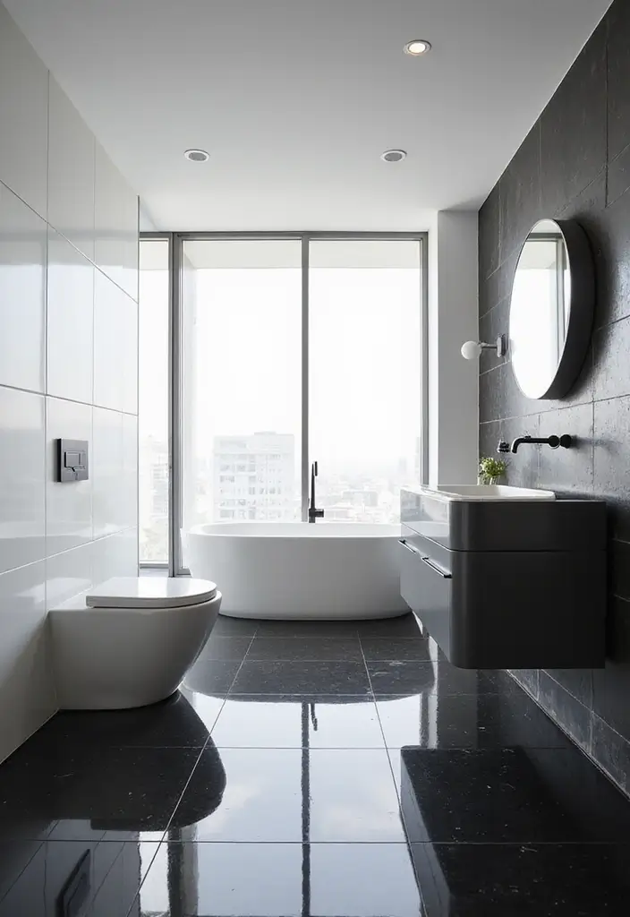 25 Bathrooms with Black & White Tile Floor That Feel Timeless 10 25 Bathrooms with Black & White Tile Floor That Feel Timeless - 10. Glossy Glam with Minimalist Vibes