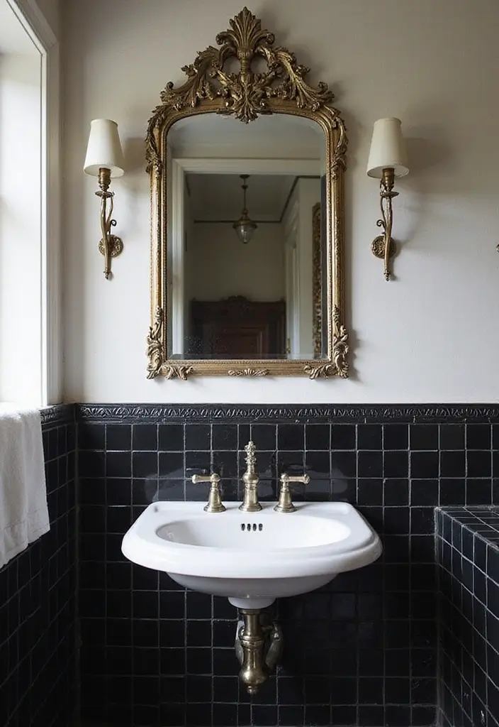 25 Bathrooms with Black & White Tile Floor That Feel Timeless 13 25 Bathrooms with Black & White Tile Floor That Feel Timeless - 13. Vintage Mirror Magic