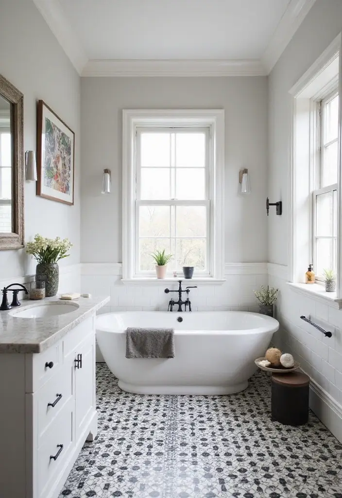 25 Bathrooms with Black & White Tile Floor That Feel Timeless 14 25 Bathrooms with Black & White Tile Floor That Feel Timeless - 14. Understated Elegance