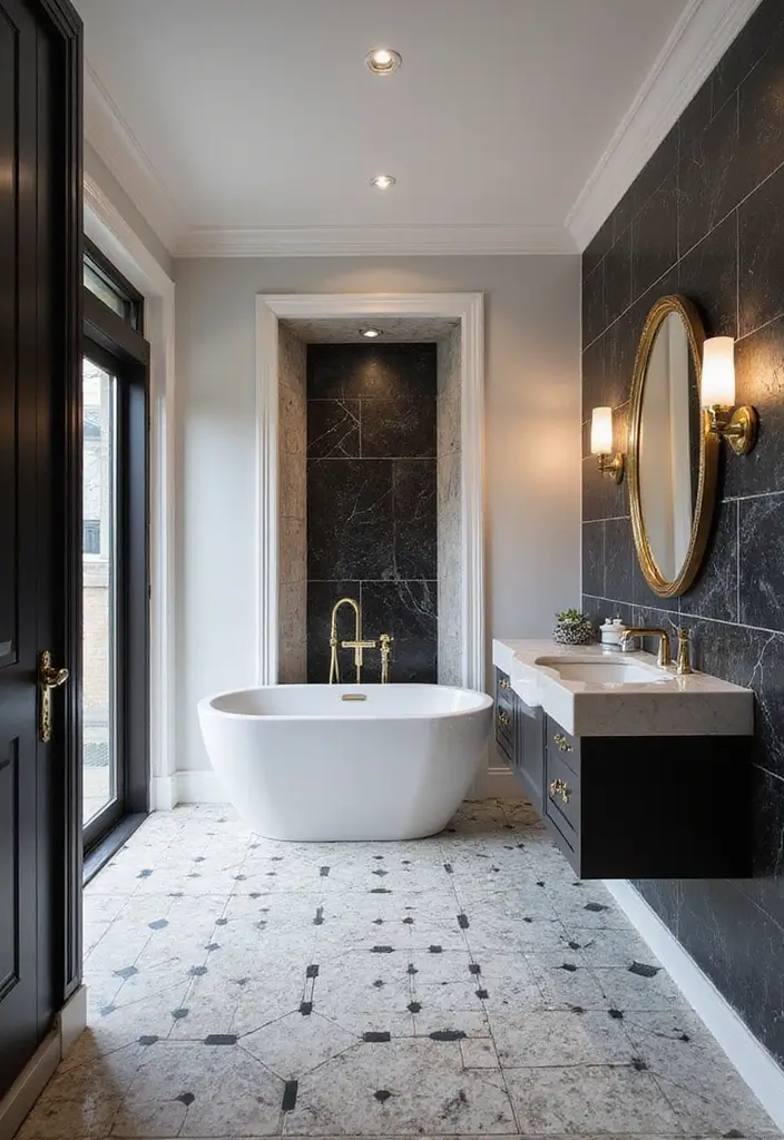 25 Bathrooms with Black & White Tile Floor That Feel Timeless 17 25 Bathrooms with Black & White Tile Floor That Feel Timeless - 17. Luxurious Spa Retreat