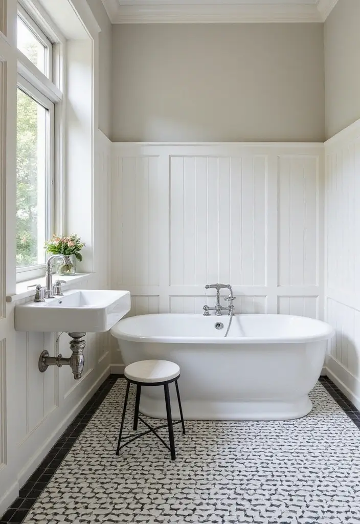 25 Bathrooms with Black & White Tile Floor That Feel Timeless 19 25 Bathrooms with Black & White Tile Floor That Feel Timeless - 19. Elegant Wainscoting Details
