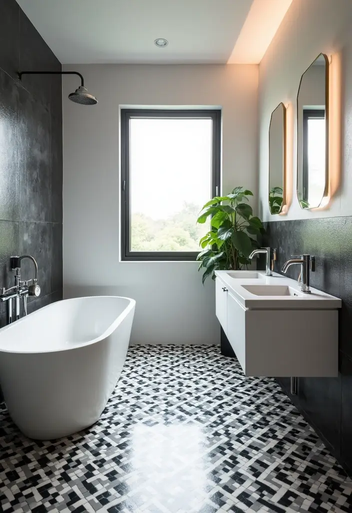 25 Bathrooms with Black & White Tile Floor That Feel Timeless 2 25 Bathrooms with Black & White Tile Floor That Feel Timeless - 2. Geometric Patterns for Bold Statements