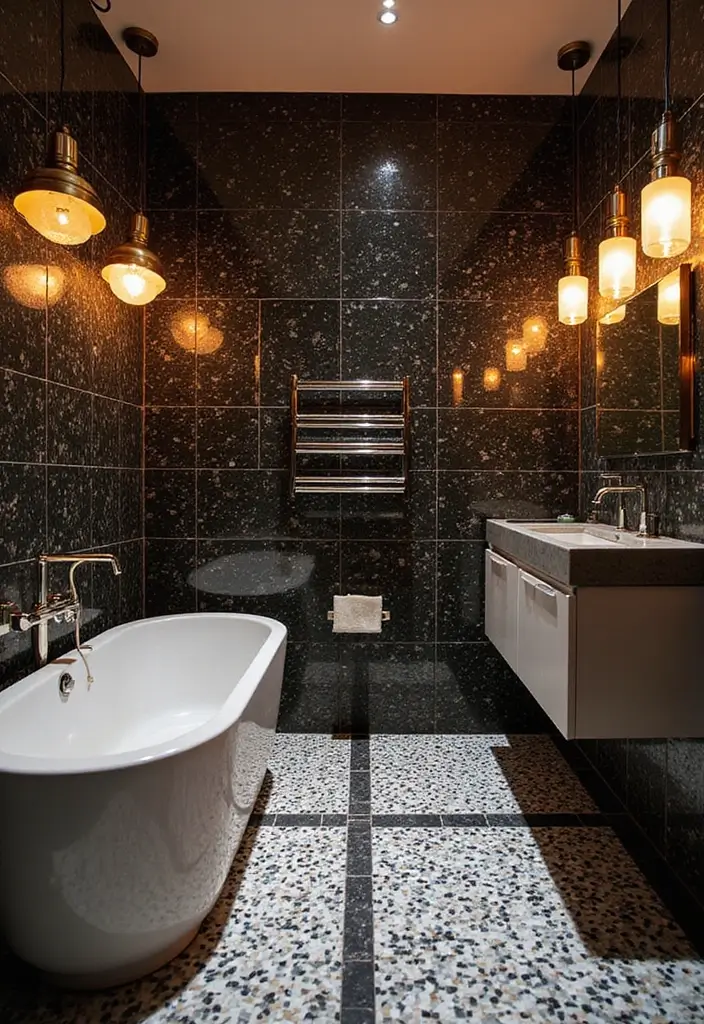 25 Bathrooms with Black & White Tile Floor That Feel Timeless 21 25 Bathrooms with Black & White Tile Floor That Feel Timeless - 21. Statement Lighting