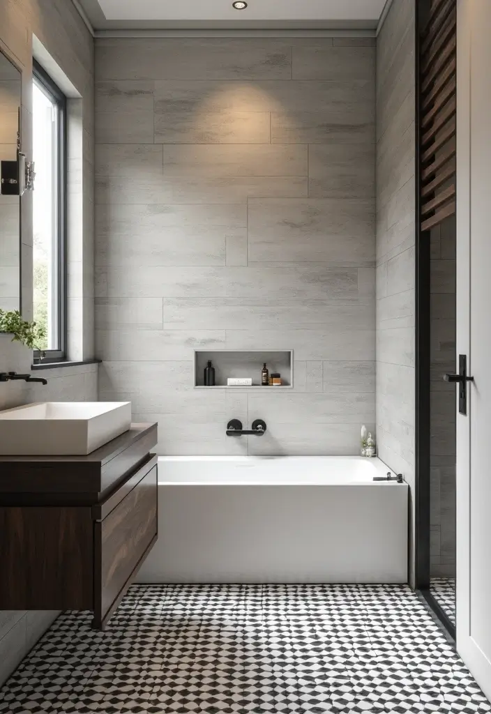 25 Bathrooms with Black & White Tile Floor That Feel Timeless 22 25 Bathrooms with Black & White Tile Floor That Feel Timeless - 22. Textured Wall Panels