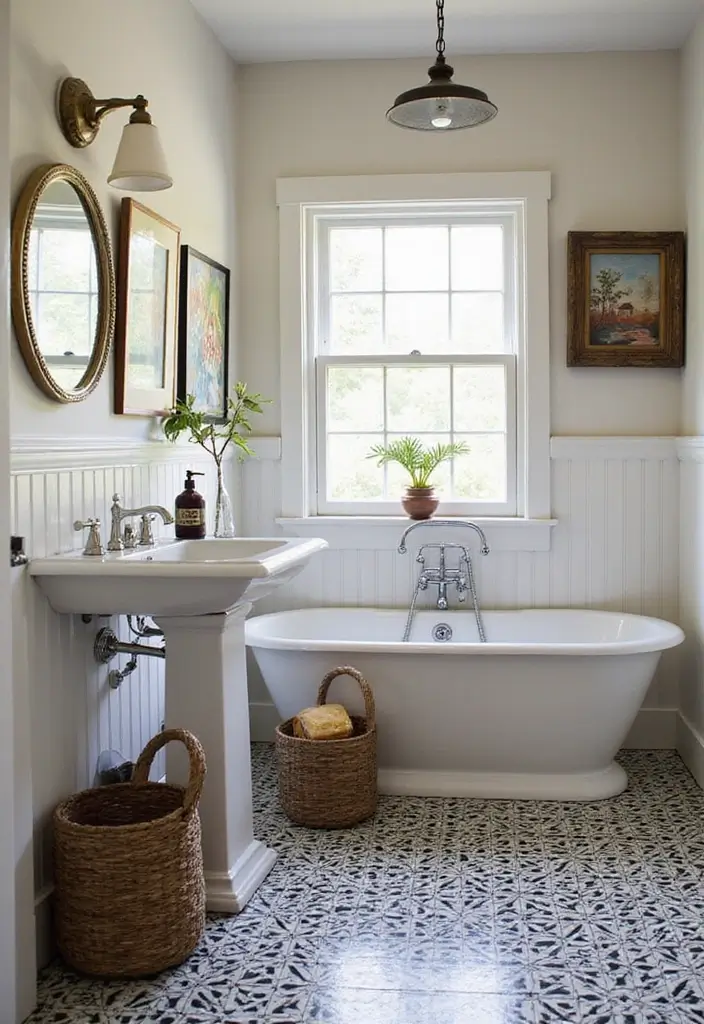 25 Bathrooms with Black & White Tile Floor That Feel Timeless 24 25 Bathrooms with Black & White Tile Floor That Feel Timeless - 24. Vintage-Inspired Accessories
