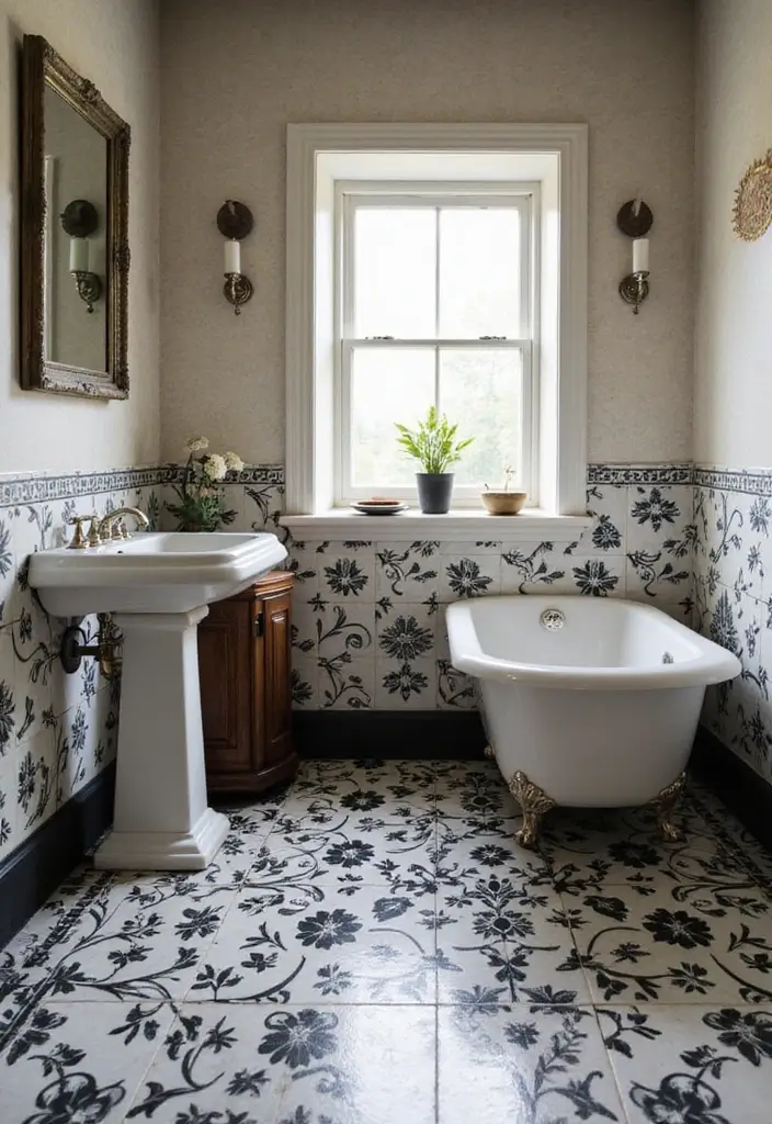 25 Bathrooms with Black & White Tile Floor That Feel Timeless 3 25 Bathrooms with Black & White Tile Floor That Feel Timeless - 3. Vintage Floral Motifs