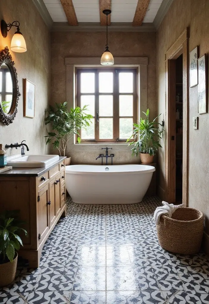 25 Bathrooms with Black & White Tile Floor That Feel Timeless 9 25 Bathrooms with Black & White Tile Floor That Feel Timeless - 9. Rustic Charm with Vintage Touches