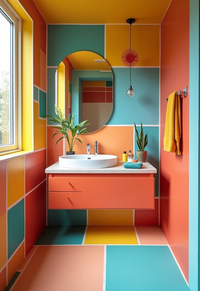 27 Bathroom Floor Tile Ideas That Feel Spa-Like 18 27 Bathroom Floor Tile Ideas That Feel Spa-Like - 18. Vibrant Color Blocks for a Fun Twist