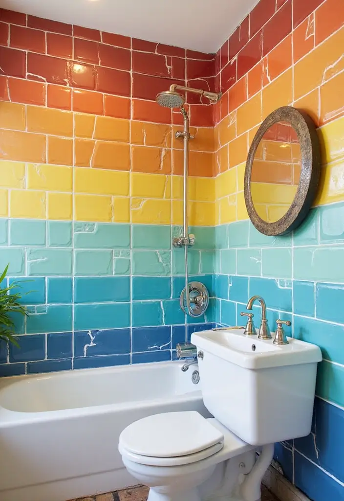 27 Bathroom Floor Tile Ideas That Feel Spa-Like 27 27 Bathroom Floor Tile Ideas That Feel Spa-Like - 27. Colorful Subway Tiles for a Modern Twist