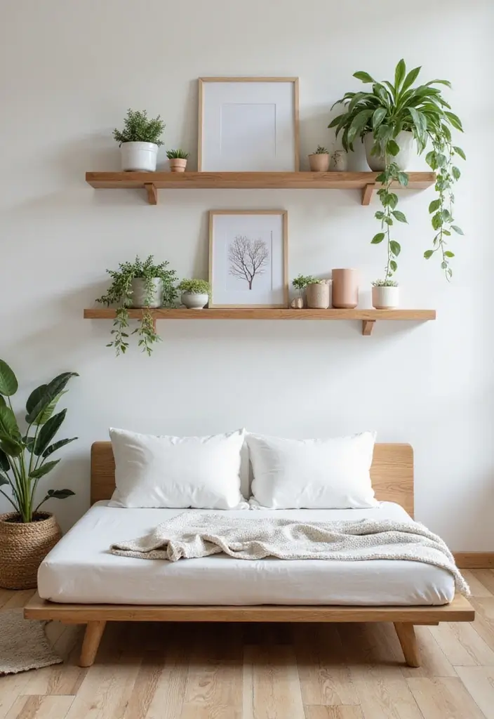27 Floor Bed Ideas That Feel Cozy & Minimalist 25 27 Floor Bed Ideas That Feel Cozy & Minimalist - 25. Floating Shelves for Storage