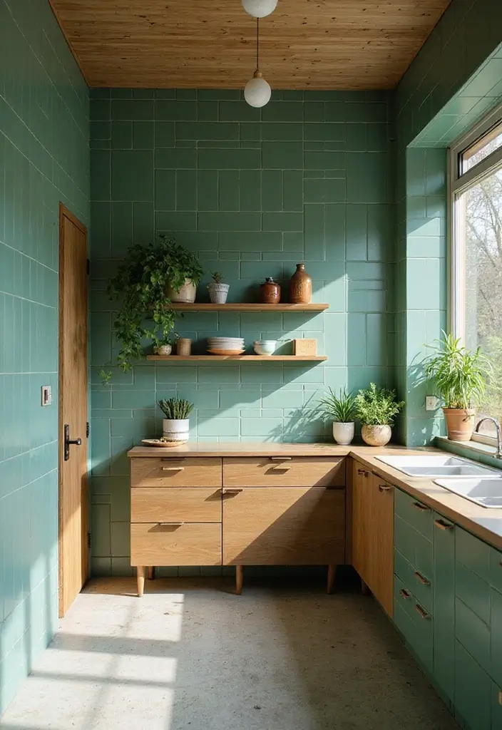 27 Kitchen Floor Tile Designs That Make Cooking Spaces Shine 12 27 Kitchen Floor Tile Designs That Make Cooking Spaces Shine - 12. Biophilic Design with Green Tiles: Nature-Inspired Aesthetics