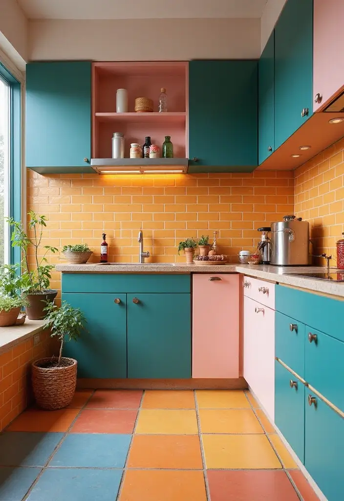 27 Kitchen Floor Tile Designs That Make Cooking Spaces Shine 19 27 Kitchen Floor Tile Designs That Make Cooking Spaces Shine - 19. Color-Blocked Tiles: Bold and Modern