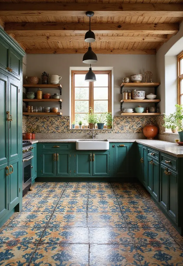 27 Kitchen Floor Tile Designs That Make Cooking Spaces Shine 7 27 Kitchen Floor Tile Designs That Make Cooking Spaces Shine - 7. Vintage-Inspired Encaustic Tiles: Artistic Flair