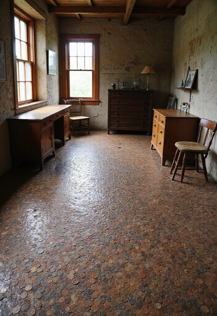 27 Penny Floor Inspirations That Look Unique & Creative 7 27 Penny Floor Inspirations That Look Unique & Creative - 7. Rustic Charm with Weathered Coins