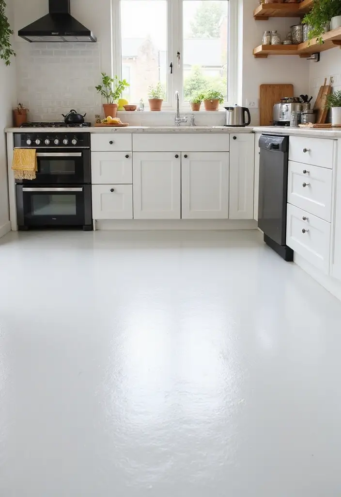 27 White Floor Kitchen Ideas That Look Bright & Clean 14 27 White Floor Kitchen Ideas That Look Bright & Clean - 14. White Paint Over Concrete