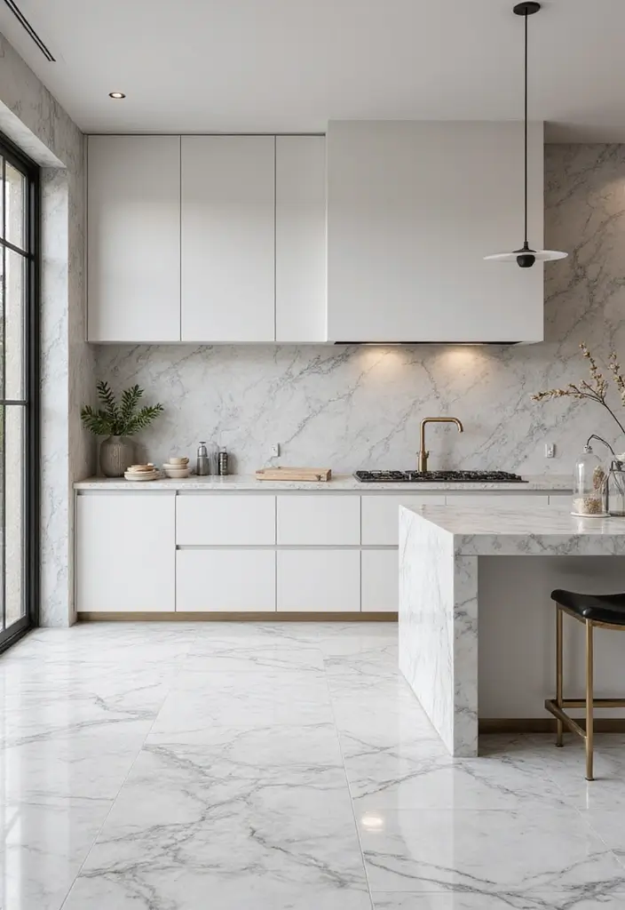 27 White Floor Kitchen Ideas That Look Bright & Clean 2 27 White Floor Kitchen Ideas That Look Bright & Clean - 2. Marble Elegance