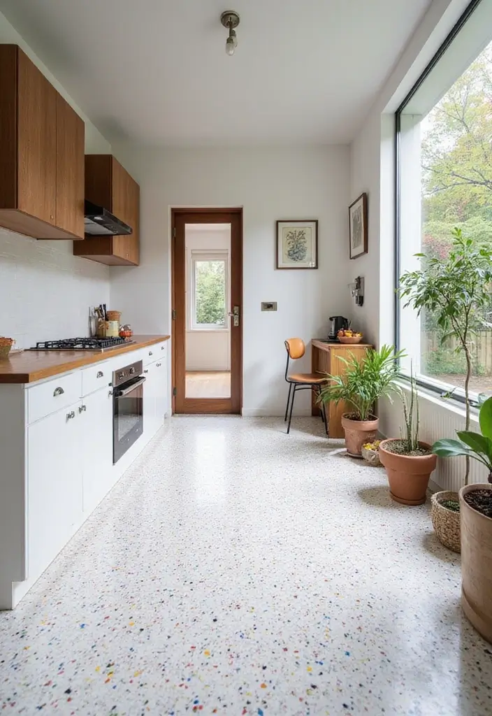 27 White Floor Kitchen Ideas That Look Bright & Clean 27 27 White Floor Kitchen Ideas That Look Bright & Clean - 27. White Terrazzo with Colorful Bits