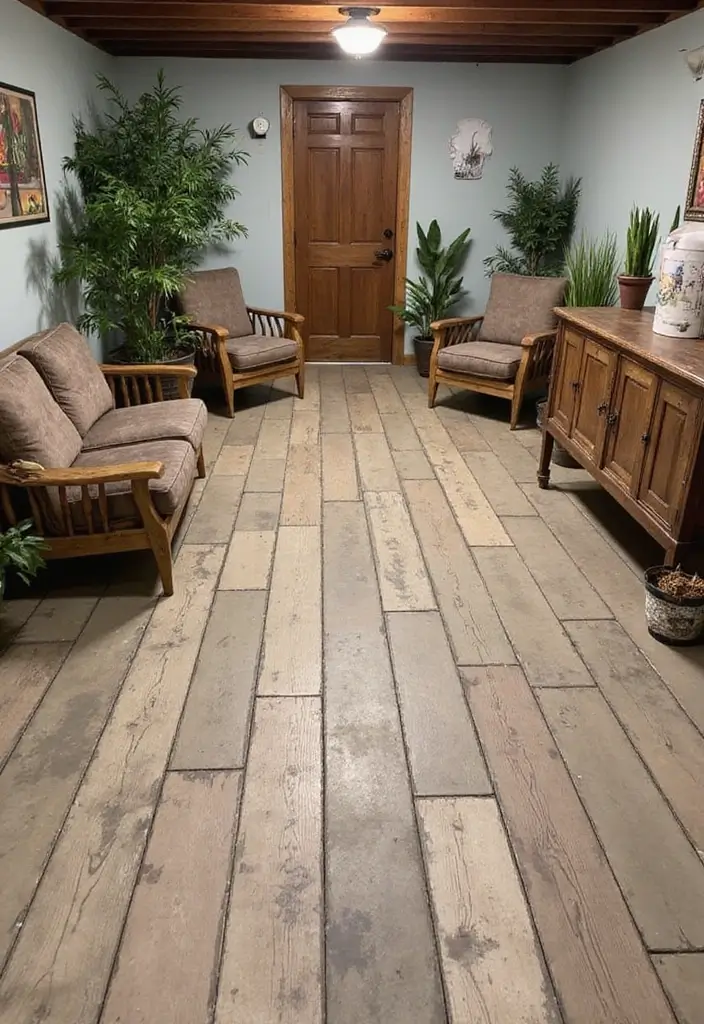 28 Concrete Basement Floor Ideas That Solve Design Woes 11 28 Concrete Basement Floor Ideas That Solve Design Woes - 11. Reclaimed Look with Concrete Stencil