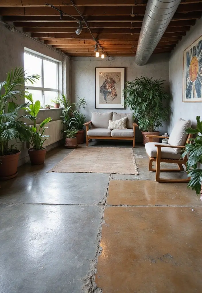28 Concrete Basement Floor Ideas That Solve Design Woes 24 28 Concrete Basement Floor Ideas That Solve Design Woes - 24. Concrete with Mix-Matching Finishes