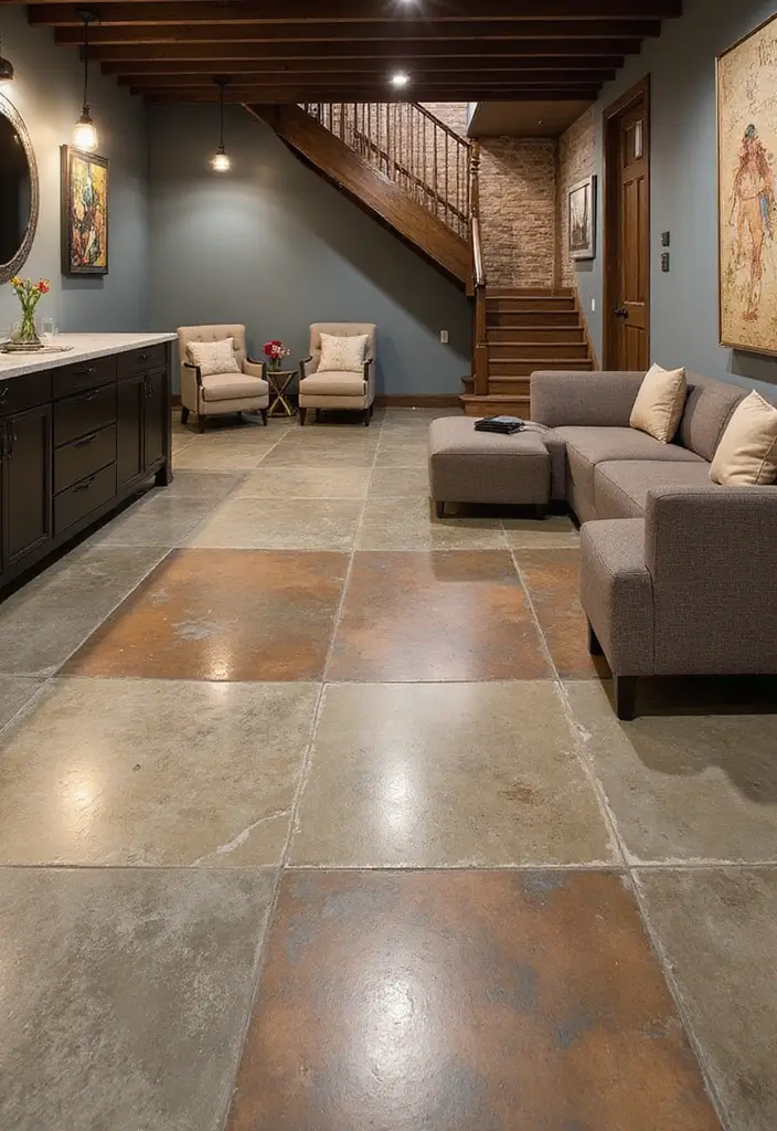 28 Concrete Basement Floor Ideas That Solve Design Woes 3 28 Concrete Basement Floor Ideas That Solve Design Woes - 3. Decorative Overlay