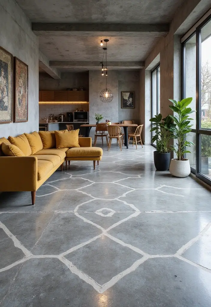 28 Concrete Basement Floor Ideas That Solve Design Woes 6 28 Concrete Basement Floor Ideas That Solve Design Woes - 6. Sleek Gray with Geometric Patterns