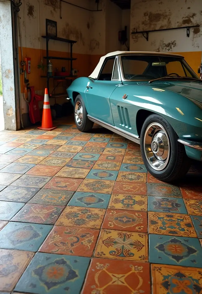 28 Garage Floor Ideas That Balance Durability & Style 20 28 Garage Floor Ideas That Balance Durability & Style - 20. Vintage Tile Patterns