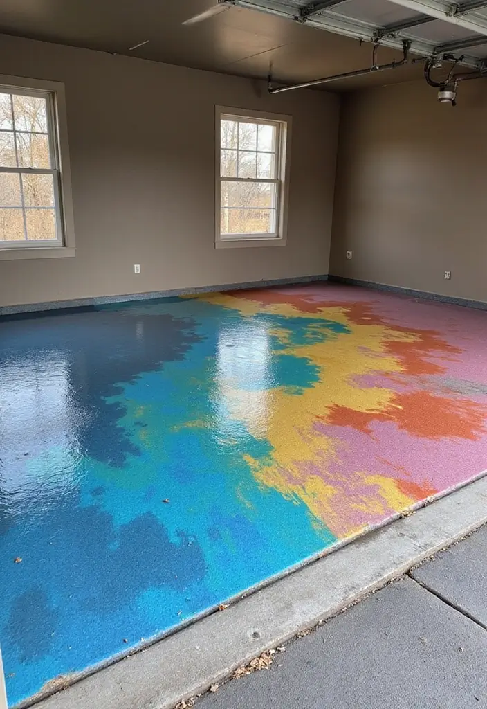 28 Garage Floor Ideas That Balance Durability & Style 24 28 Garage Floor Ideas That Balance Durability & Style - 24. Artistic Concrete Overlay