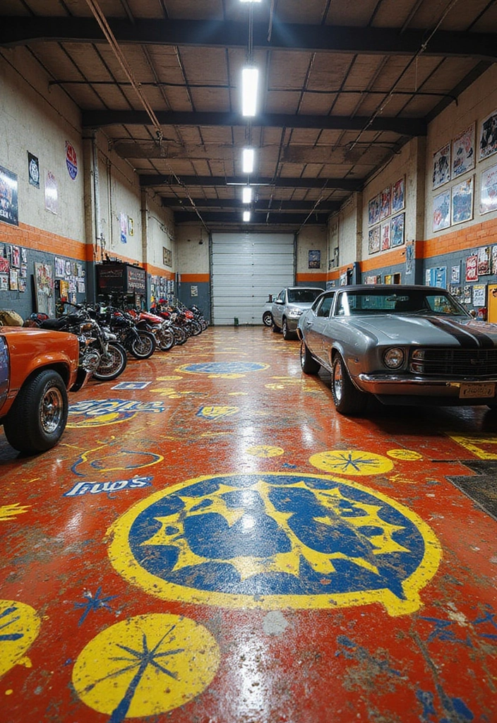 28 Garage Floor Ideas That Balance Durability & Style 25 28 Garage Floor Ideas That Balance Durability & Style - 25. Bright and Bold Graphic Flooring