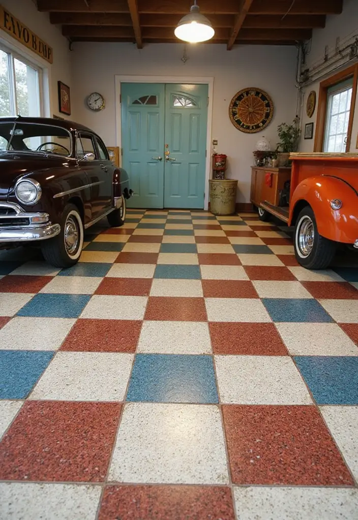 28 Garage Floor Ideas That Balance Durability & Style 27 28 Garage Floor Ideas That Balance Durability & Style - 27. Retro Linoleum Garage Flooring