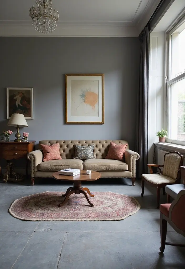 28 Grey Floor Living Room Ideas That Look Sleek & Elegant 11 28 Grey Floor Living Room Ideas That Look Sleek & Elegant - 11. Vintage Charm with Grey Floors
