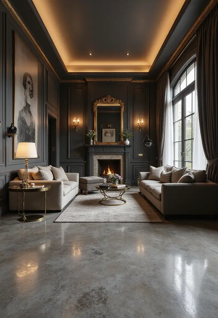 28 Grey Floor Living Room Ideas That Look Sleek & Elegant 15 28 Grey Floor Living Room Ideas That Look Sleek & Elegant - 15. Luxurious Touch with Grey Floors and Gold Accents