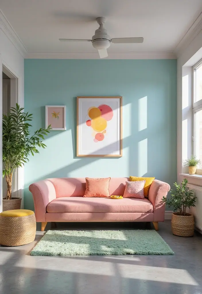 28 Grey Floor Living Room Ideas That Look Sleek & Elegant 18 28 Grey Floor Living Room Ideas That Look Sleek & Elegant - 18. Playful Pastels with Grey Floors
