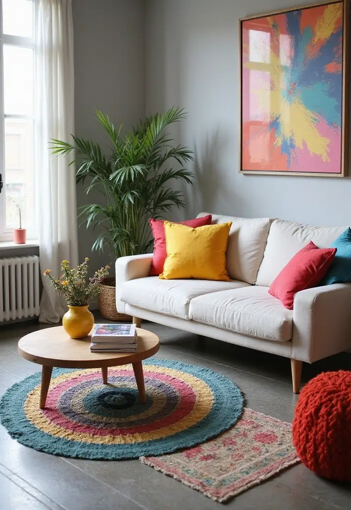 28 Grey Floor Living Room Ideas That Look Sleek & Elegant 20 28 Grey Floor Living Room Ideas That Look Sleek & Elegant - 20. Bright and Bold: Pops of Color on Grey Floors