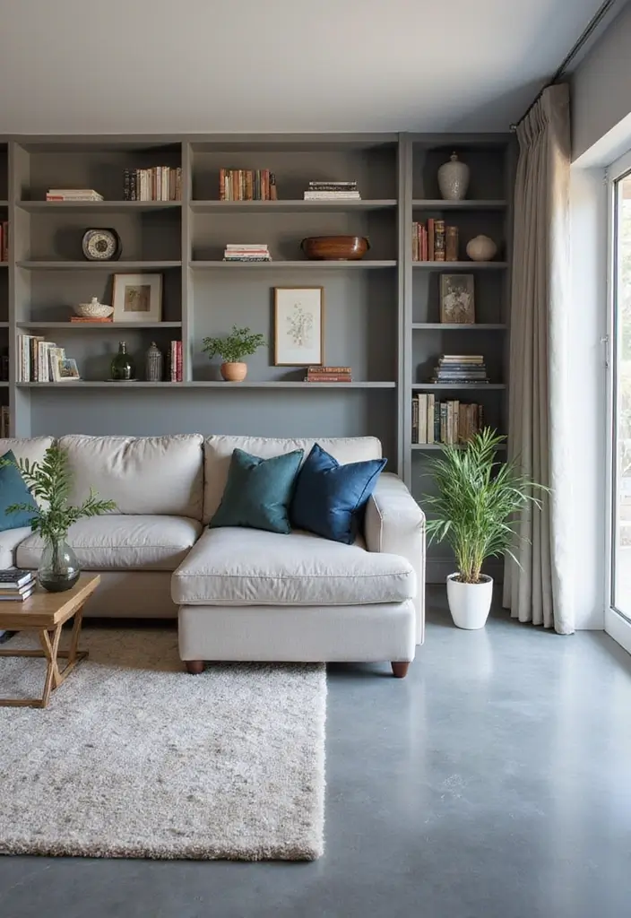 28 Grey Floor Living Room Ideas That Look Sleek & Elegant 27 28 Grey Floor Living Room Ideas That Look Sleek & Elegant - 27. Custom Shelving Solutions on Grey Floors