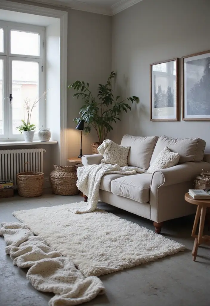 28 Grey Floor Living Room Ideas That Look Sleek & Elegant 4 28 Grey Floor Living Room Ideas That Look Sleek & Elegant - 4. Cozy Comfort: Layering Textures Over Grey Floors