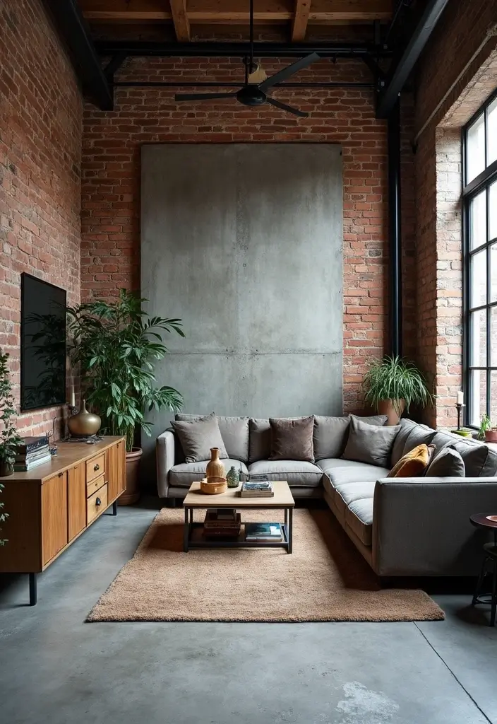 28 Grey Floor Living Room Ideas That Look Sleek & Elegant 6 28 Grey Floor Living Room Ideas That Look Sleek & Elegant - 6. Industrial Chic with Grey Cement Floors
