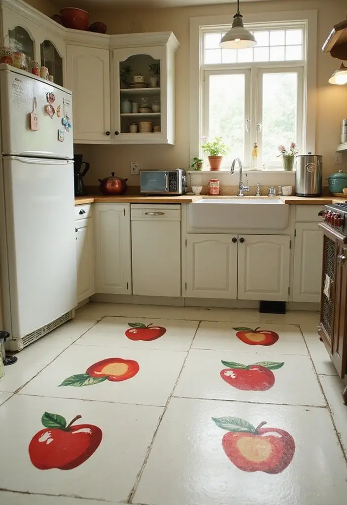 28 Stenciled Floor Ideas That Add Playful Character 11 28 Stenciled Floor Ideas That Add Playful Character - 11. Retro Bitten Apple