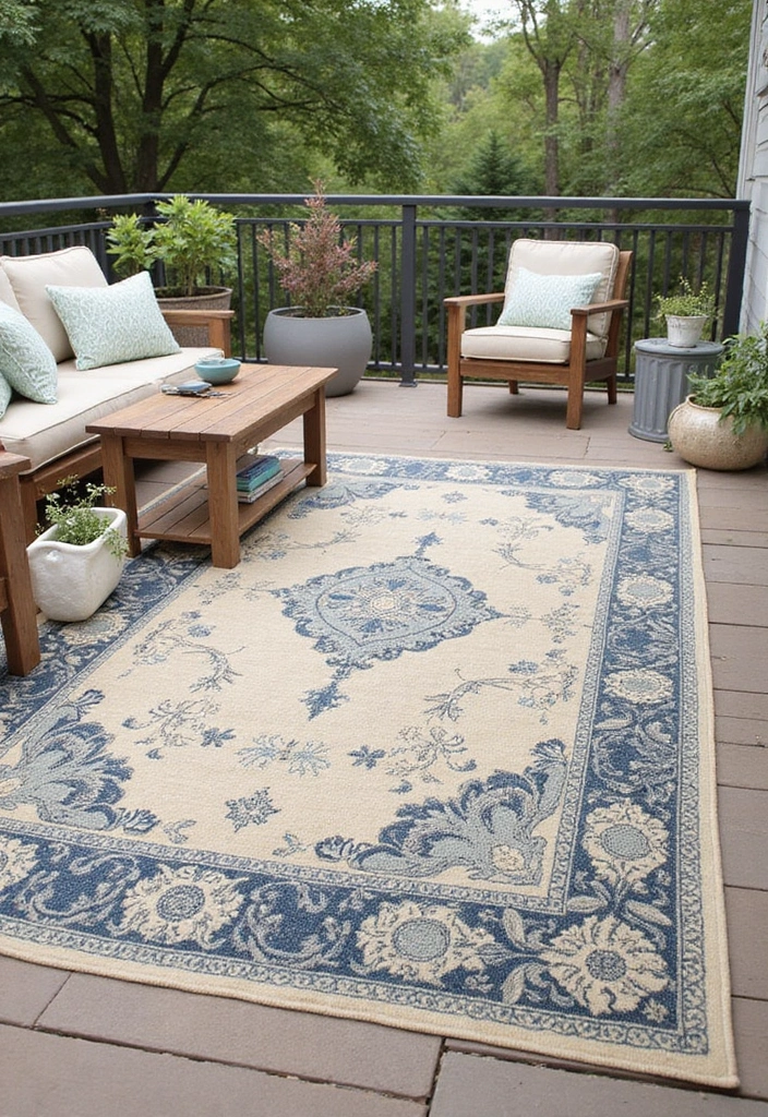 29 First Floor Balcony Ideas That Feel Elegant & Breezy 8 29 First Floor Balcony Ideas That Feel Elegant & Breezy - 8. Outdoor Area Rugs