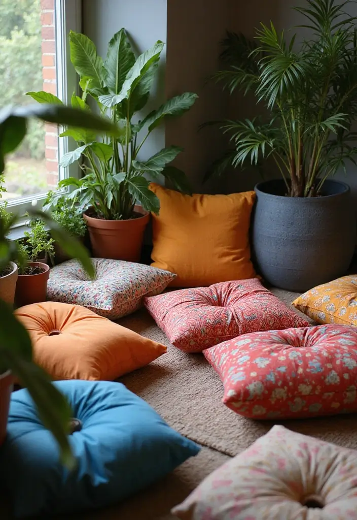 29 Floor Seating Ideas That Make Small Spaces Work 1 29 Floor Seating Ideas That Make Small Spaces Work - 1. Colorful Floor Cushions