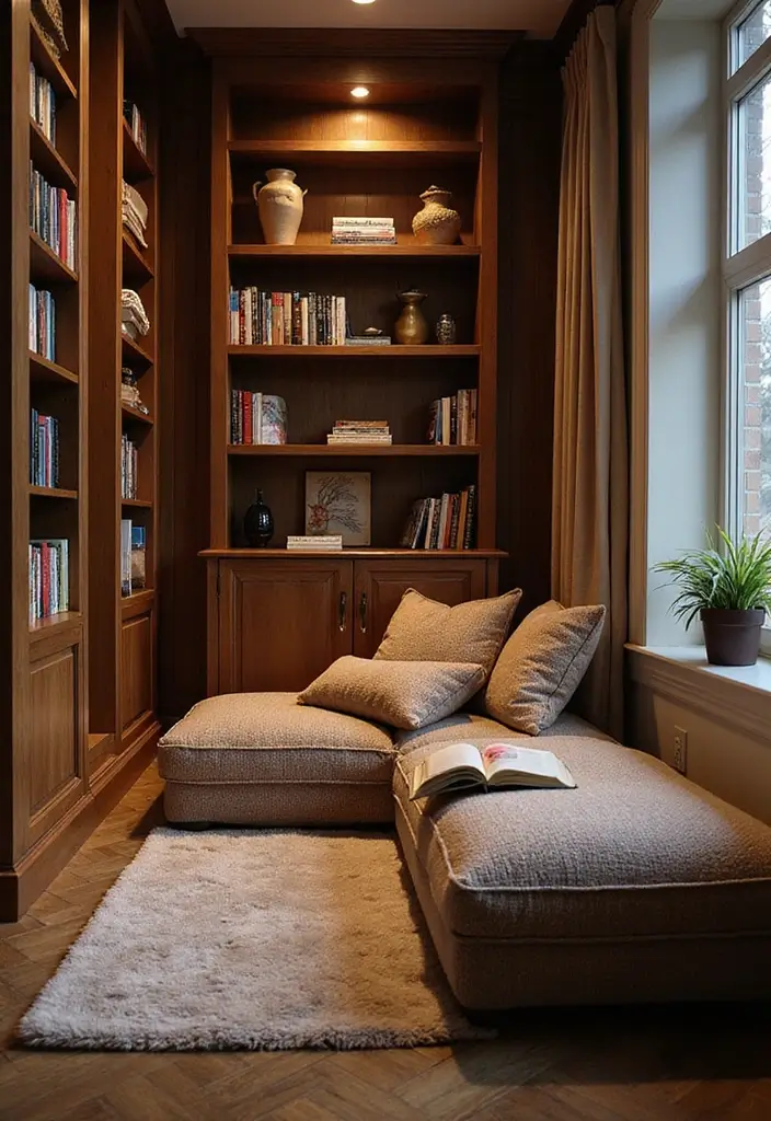 29 Floor Seating Ideas That Make Small Spaces Work 15 29 Floor Seating Ideas That Make Small Spaces Work - 15. Nook with Floor Seating and Bookshelves