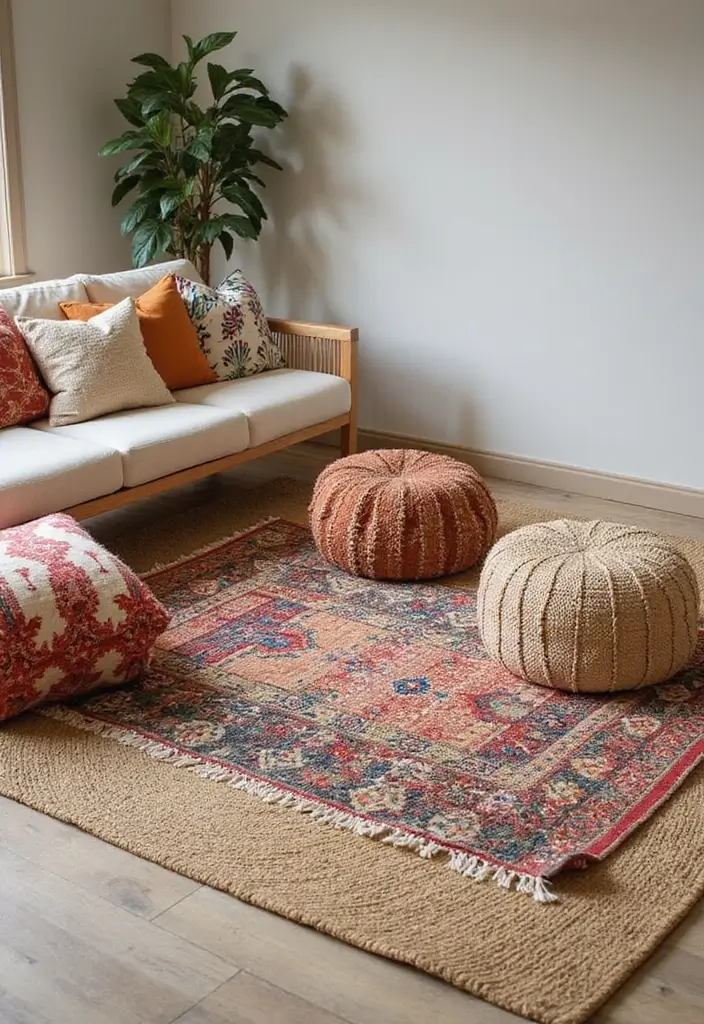 29 Floor Seating Ideas That Make Small Spaces Work 3 29 Floor Seating Ideas That Make Small Spaces Work - 3. Layered Rugs for Comfort