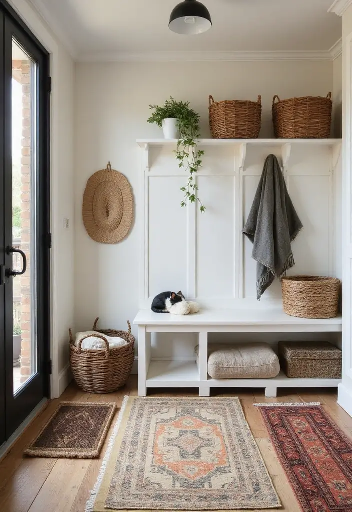 29 Mudroom Floor Inspirations That Balance Function & Style 13 29 Mudroom Floor Inspirations That Balance Function & Style - 13. Layered Textiles for Comfort