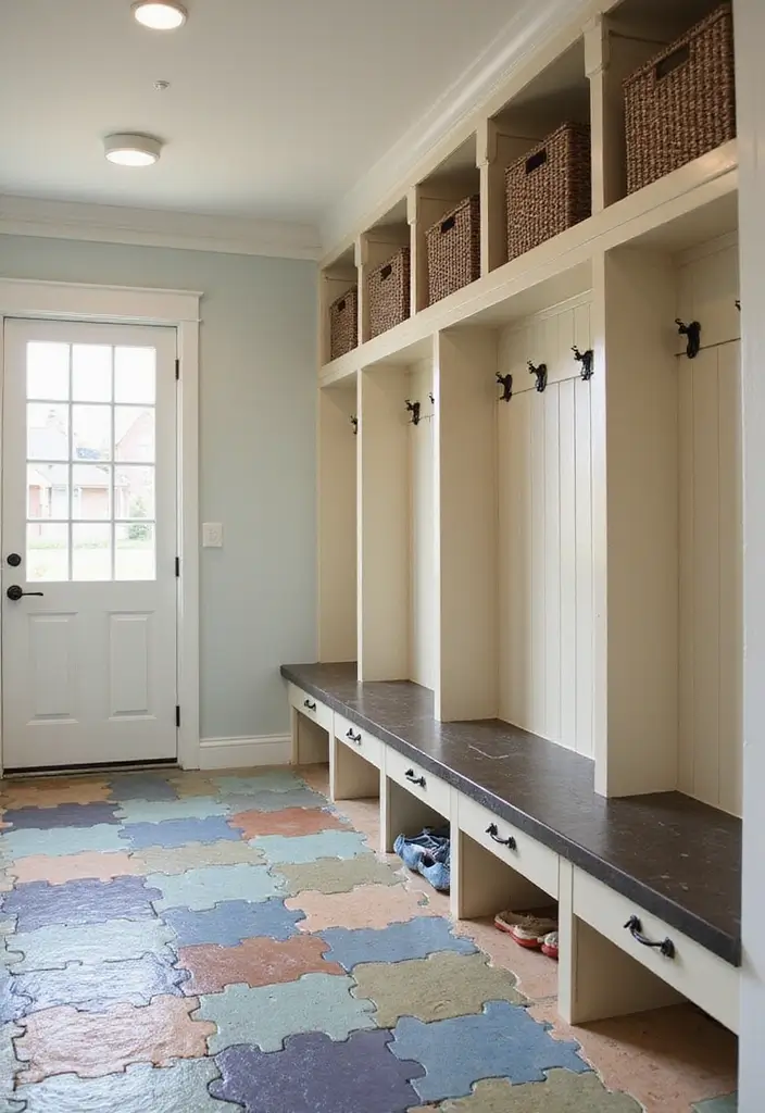 29 Mudroom Floor Inspirations That Balance Function & Style 22 29 Mudroom Floor Inspirations That Balance Function & Style - 22. Innovative Interlocking Tiles