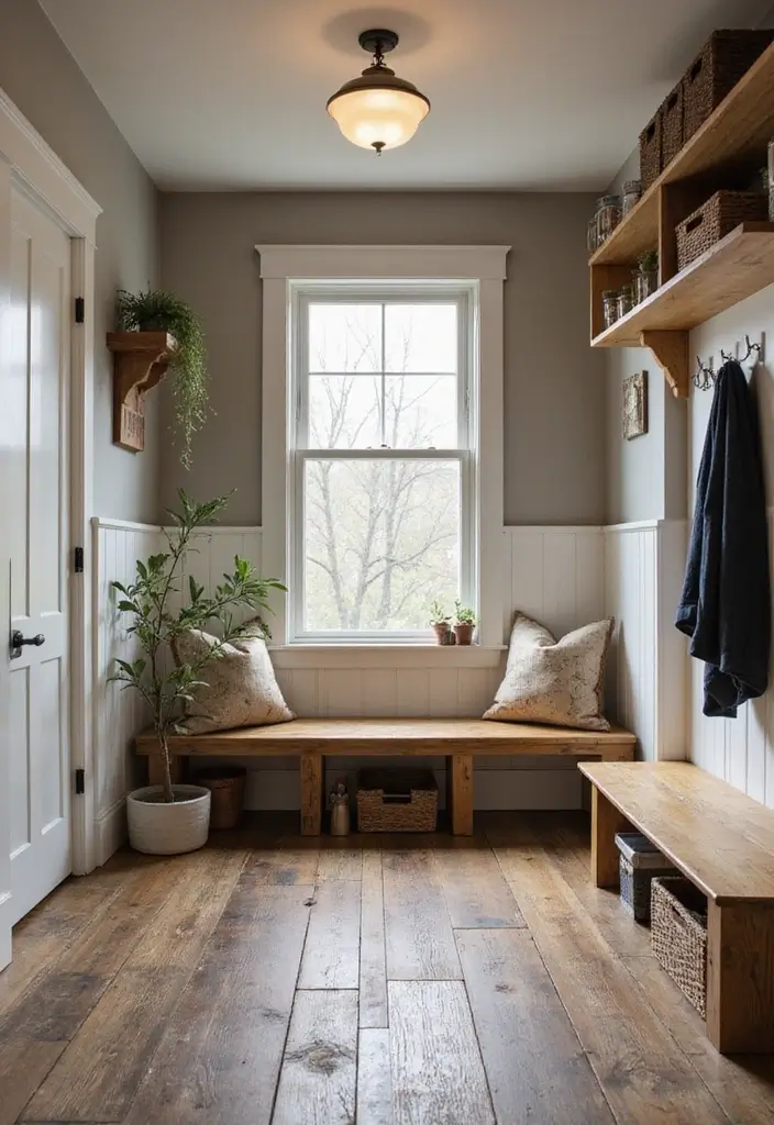 29 Mudroom Floor Inspirations That Balance Function & Style 23 29 Mudroom Floor Inspirations That Balance Function & Style - 23. Reclaimed Wood for Sustainability
