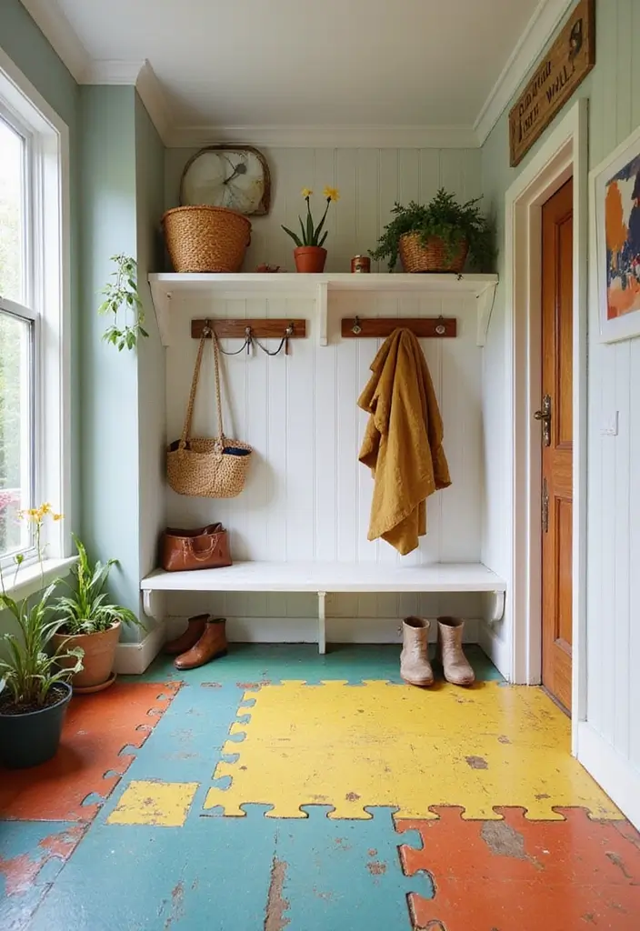 29 Mudroom Floor Inspirations That Balance Function & Style 6 29 Mudroom Floor Inspirations That Balance Function & Style - 6. Vibrant Painted Floors