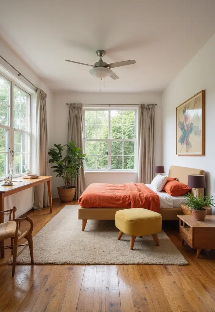 29 Wooden Floor Bedroom Designs That Never Go Out of Style 15 29 Wooden Floor Bedroom Designs That Never Go Out of Style - 15. Mid-Century Modern