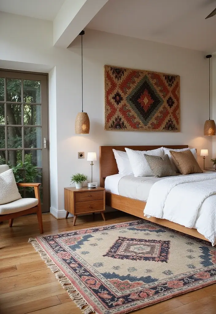 29 Wooden Floor Bedroom Designs That Never Go Out of Style 25 29 Wooden Floor Bedroom Designs That Never Go Out of Style - 25. Bold Geometric Patterns