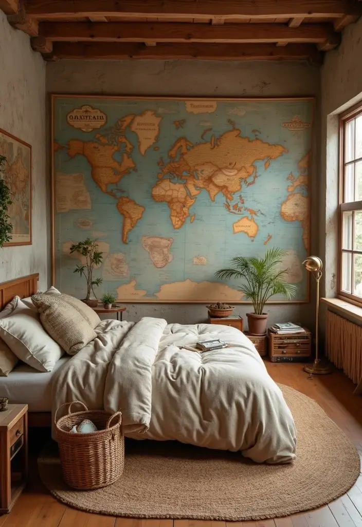 29 Wooden Floor Bedroom Designs That Never Go Out of Style 26 29 Wooden Floor Bedroom Designs That Never Go Out of Style - 26. Vintage Travel Theme