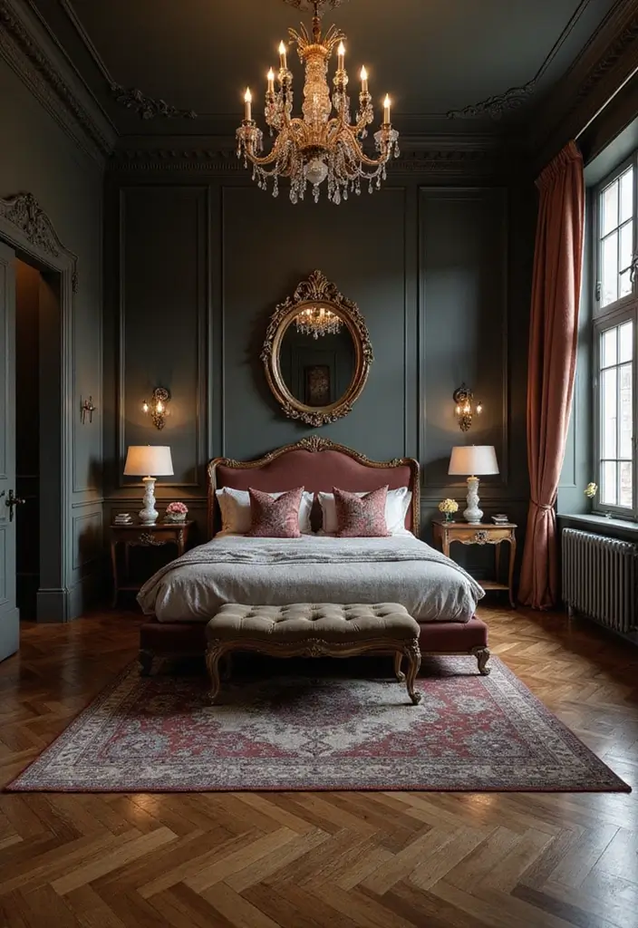 29 Wooden Floor Bedroom Designs That Never Go Out of Style 7 29 Wooden Floor Bedroom Designs That Never Go Out of Style - 7. Vintage Glamour