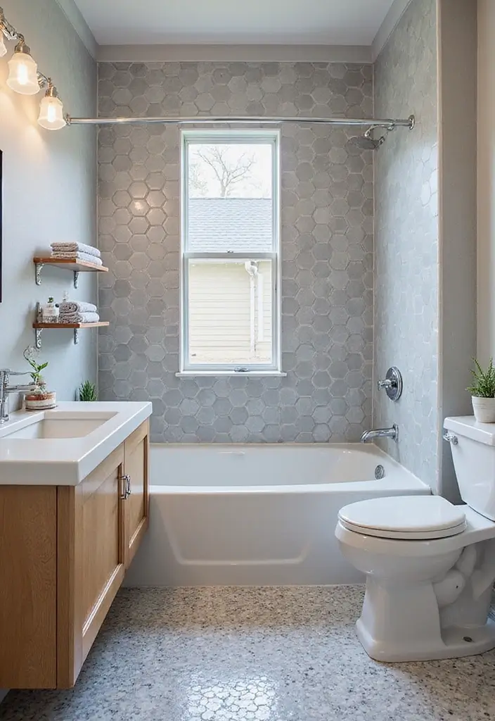 30 Bathroom Grey Floor Designs That Feel Sleek 14 30 Bathroom Grey Floor Designs That Feel Sleek - 14. Retro Grey Hexagon Tiles